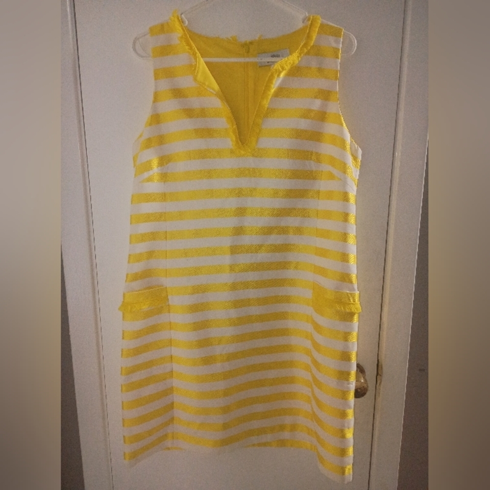 Badgley Mischka Yellow and White Striped Sleeveless Shift Dress - Picture 2 of 11